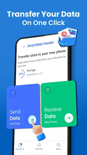 Smart Data Transfer showing one-click send and receive options for phone-to-phone data transfer with storage information