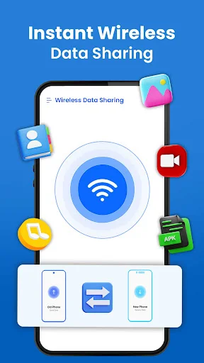 Instant wireless data sharing interface with WiFi icon for device-to-device wireless transfer and sharing