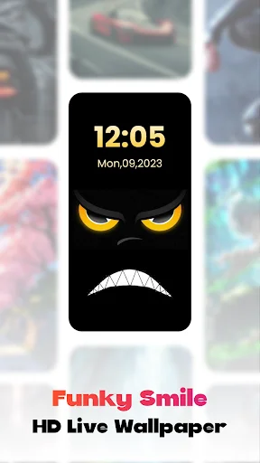 Funky Smiles Live Wallpaper app showing dark animated smile with yellow eyes and white grin on phone screen at 12:05