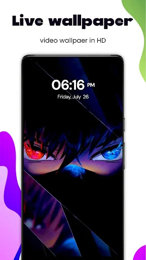 Live video wallpaper in HD showing animated character eyes with blue and red neon color effects