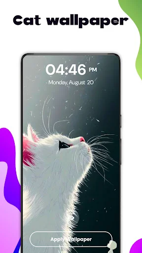 Cat wallpaper design displaying white fluffy cat with pink accents and apply wallpaper button for personalization