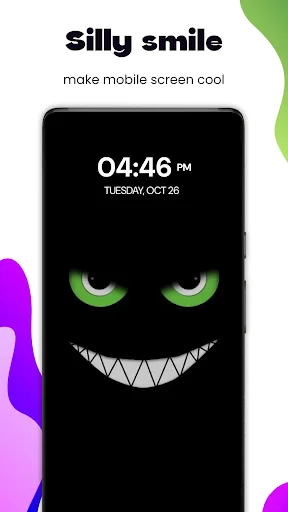 Silly smile animated wallpaper featuring green eyes and wide white grin on dark background at 4:46 PM