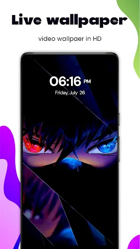 Live wallpaper app showing HD video wallpaper with anime character's glowing blue eyes at 6:16 PM Friday