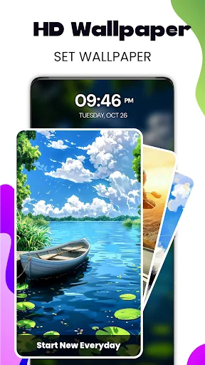 HD Wallpaper section showing serene lake scene with boat and clouds, featuring Set Wallpaper option at 9:46 AM