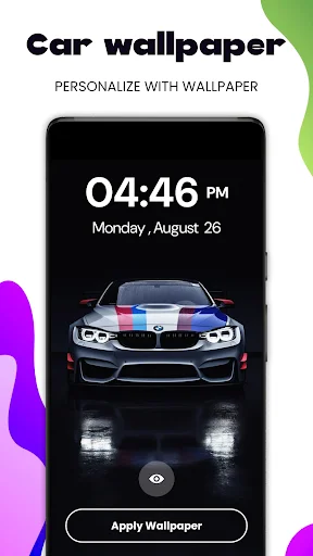 Car wallpaper featuring BMW sports car with racing stripes and Apply Wallpaper option at 4:46 PM