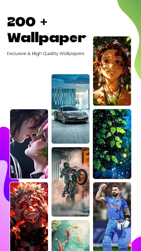 200+ Wallpaper gallery showing diverse collection including portraits, cars, nature, and abstract designs