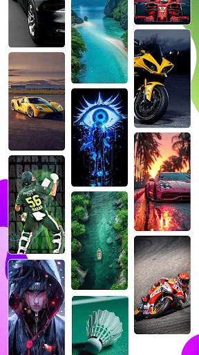 Wallpaper collection grid displaying various categories: cars, nature, anime, sports, and tropical scenes
