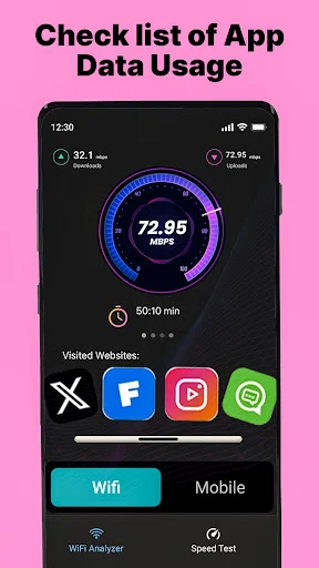 App data usage checker displaying visited websites and WiFi or Mobile network speeds showing 72.95 Mbps gauge