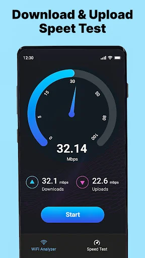 Internet speed test result screen with 32.14 Mbps measurement, 32.1 Mbps downloads, 22.6 Mbps uploads, Start button