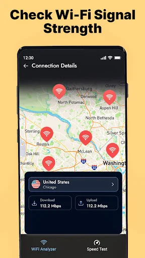 WiFi signal strength map with network locations marked and connection details showing 112.2 Mbps download and upload speeds