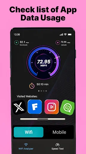 Speed test monitoring screen with 72.95 Mbps gauge, download/upload speeds, app data usage tracker, and WiFi/mobile tabs