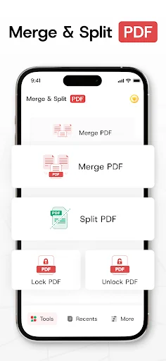 Merge & Split PDF app main screen showing Merge PDF, Split PDF, Lock PDF, and Unlock PDF feature options
