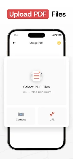 Upload PDF Files screen for Merge PDF feature with Camera and URL import options to select minimum 2 files