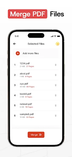 Merge PDF Files screen displaying 6 selected PDF files numbered list with Add more files and Merge button
