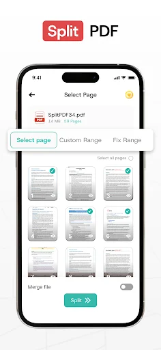 Split PDF screen showing page selection interface with PDF thumbnail previews and custom range options
