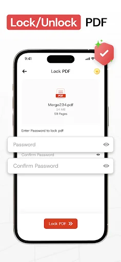 Lock PDF screen with password input fields to encrypt and secure a PDF file before saving or sharing