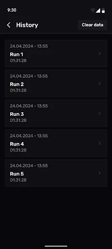 History screen showing completed workout sessions with Run 1-5 entries and performance times recorded from recent dates