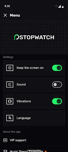 Settings menu displaying Keep screen on, Sound, Vibrations, and Language toggles plus VIP support link