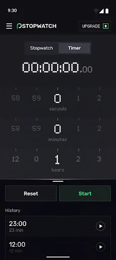 Timer setup interface with number pad input digits, Reset and Start buttons for countdown timer configuration