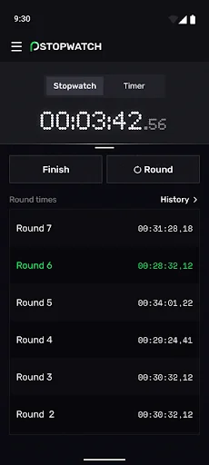 Stopwatch rounds history showing completed lap times from Round 7 through Round 2 with duration timestamps