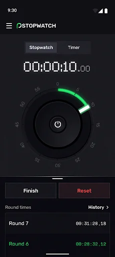 Paused stopwatch at 1:10.00 with green progress indicator, Finish and Reset buttons for workout control