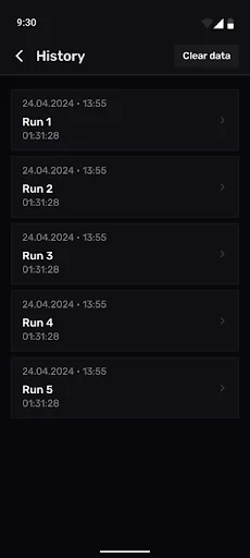 Workout history view listing past exercise sessions: Run 1-5 with dates and recorded times from April 24, 2024