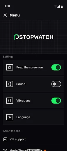 App settings menu with toggles for Keep screen on, Sound, Vibrations, Language selection, and VIP support