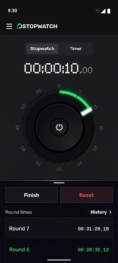 Stopwatch paused at 1:10.00 with green progress arc, Finish and Reset buttons for sports workout tracking