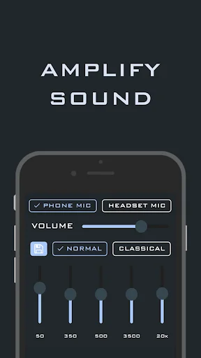 Super Hearing app amplify sound screen with microphone selection, volume control, equalizer sliders for 50-20k Hz frequencies