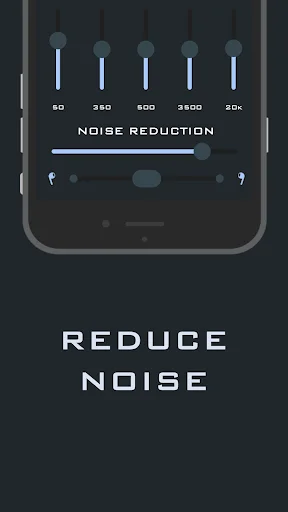 Noise reduction feature in Super Hearing app showing frequency controls and noise cancellation slider for clearer audio