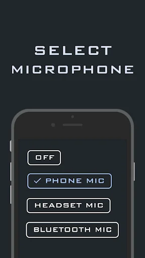 Microphone selection menu in Super Hearing app with options for phone mic, headset mic, and Bluetooth mic settings