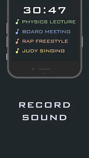 Sound recording interface showing 30:47 timer with labeled audio sessions including physics lecture and board meeting