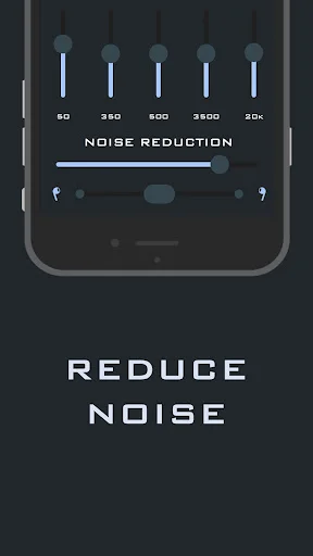 Audio noise reduction controls in hearing amplifier app with frequency sliders and background noise filtering options