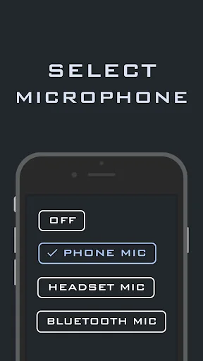 Select microphone screen in Super Hearing app displaying phone mic, headset mic, and Bluetooth microphone input options