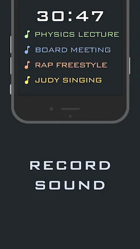 Sound recording feature with 30:47 duration showing categorized audio recordings like physics lecture and rap freestyle