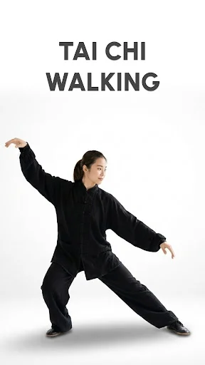 Tai Chi Walking app intro screen featuring person demonstrating tai chi pose in traditional black uniform