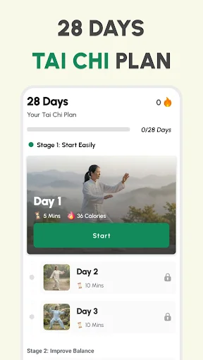 28-day tai chi plan with progressive stages, day-by-day lessons, calorie burn tracking and difficulty levels