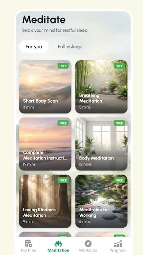 Meditation section with free guided sleep sessions, breathing exercises, and relaxation workouts by duration