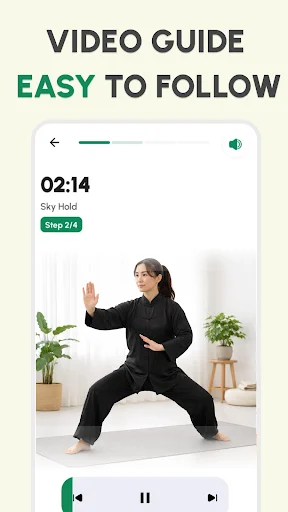 Video guide showing tai chi instructor demonstrating Sky Hold pose with step-by-step instruction indicators