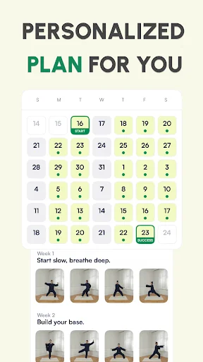 Personalized calendar workout schedule showing weekly tai chi progression from beginner start to advanced poses