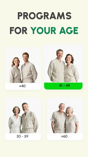 Age-specific tai chi programs selector for adults under 40, 41-49, 50-59, and seniors over 60 years old