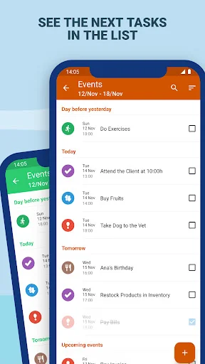 Task Agenda app events list showing daily tasks with colorful category icons, checkboxes, and due times for productivity organization