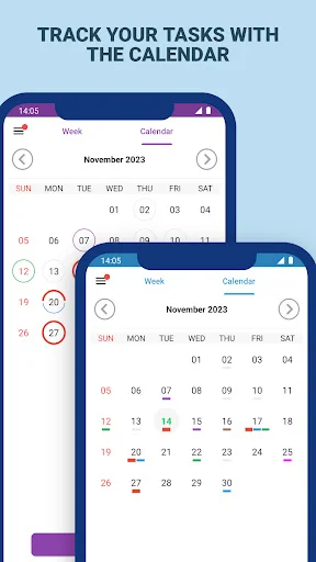 Task Agenda calendar interface with November 2023 monthly view highlighting dates with tasks for comprehensive schedule tracking