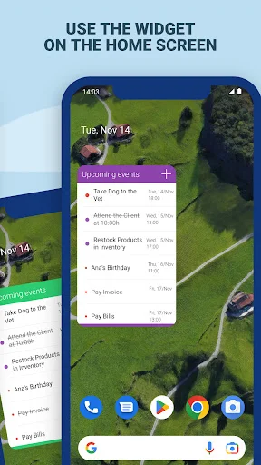 Task Agenda home screen widget displaying upcoming events list overlay on mobile background for quick task access and alerts