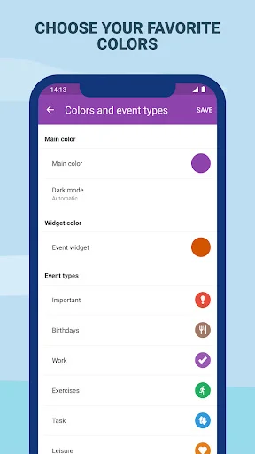 Task Agenda color customization settings screen allowing users to choose favorite colors for different event types and categories
