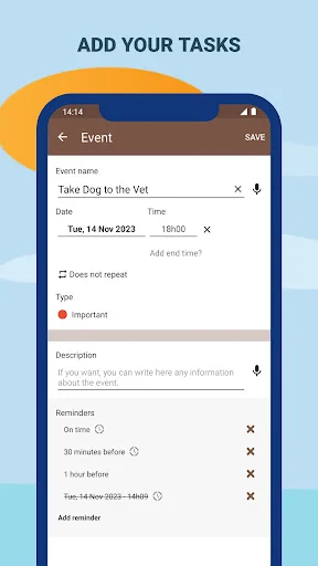 Task Agenda event creation form with fields for task name, date, time, reminders, and priority settings for detailed task planning