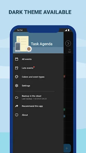 Task Agenda dark theme navigation menu showing app settings, backup options, and features for enhanced user experience