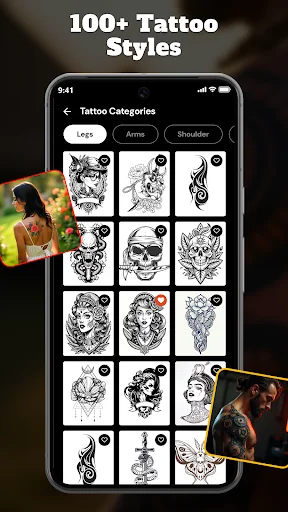 100+ Tattoo Styles gallery grid organized by body placement categories like Legs, Arms, and Shoulder options
