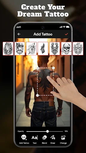 Create Your Dream Tattoo interface applying design to male back with placement controls and editing features