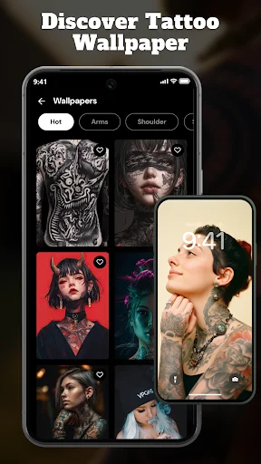Discover Tattoo Wallpapers section filtered by Hot and Arms categories showcasing artistic tattoo inspirations